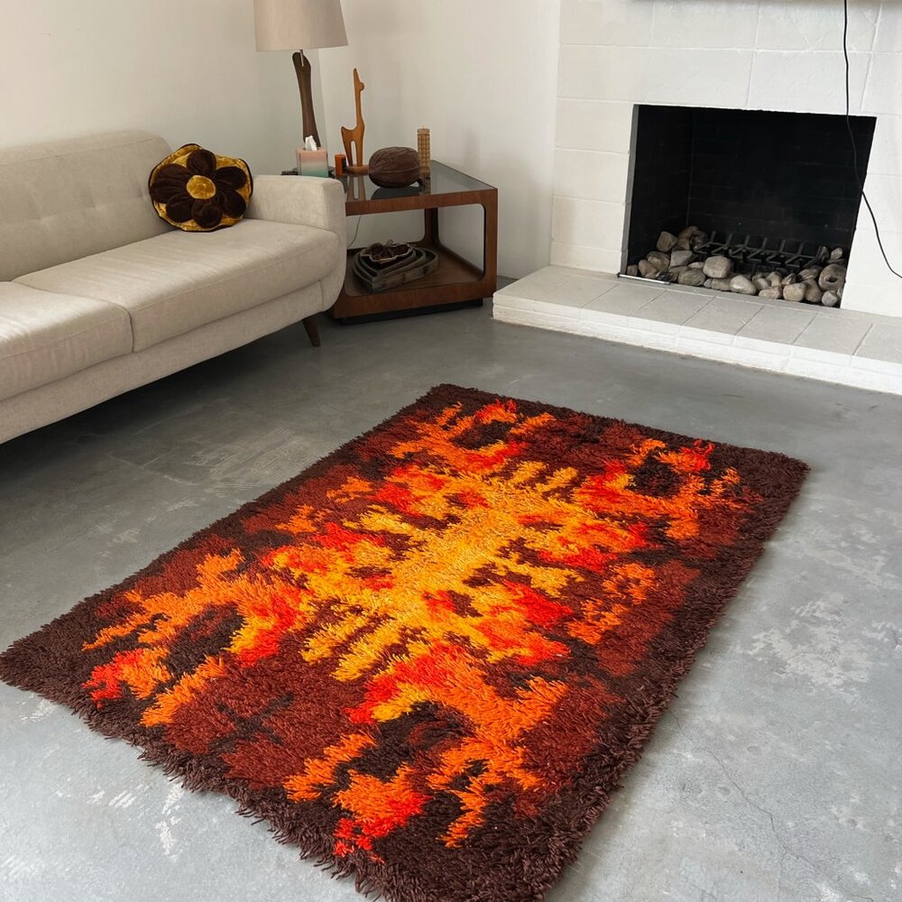 70's THOR Rorschach Bold Geometry Contemporary UNUSED Brown Rya Rug Mid Century - Picture 4 of 9